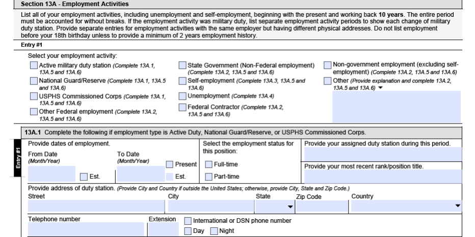 SF86 Questionnaire for National Security position